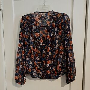 Mossimo Supply Co. Orange and Blue Ruffled Faux Wrap Blouse Size Medium